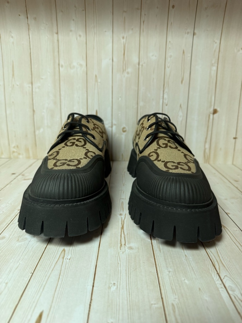 Gucci Monogram Jumbo Maxi GG Lace Up Derby Camel Ebony/Black Sz 13G / 13.5US - Picture 5 of 13